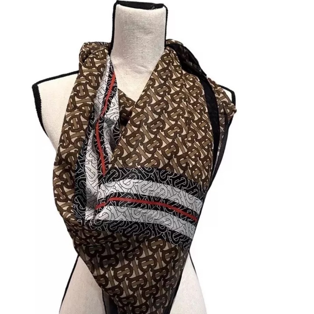 NEW Burberry TB Monogram Bridle Brown Silk Scarf - Picture 4 of 9